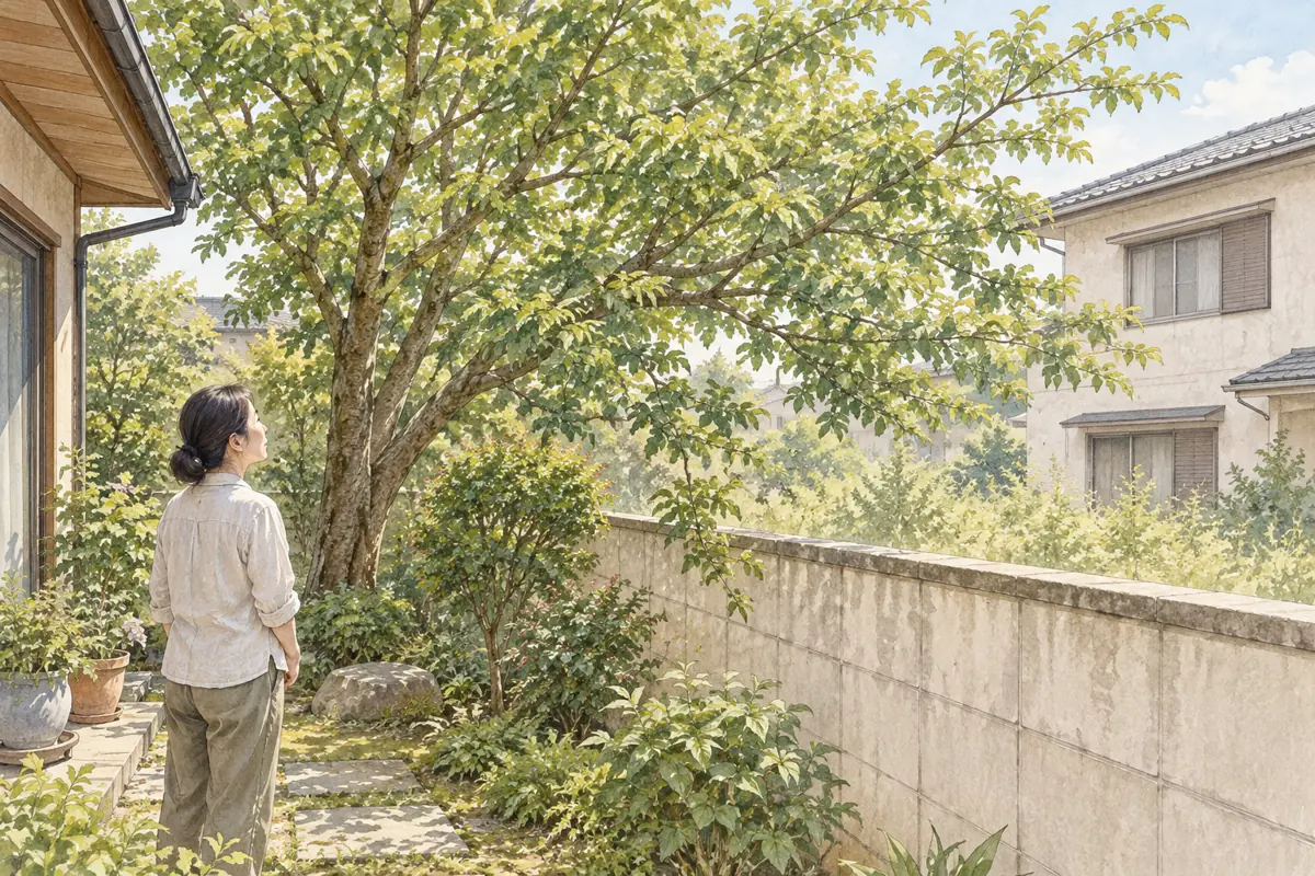 境界付近に伸びた庭木の枝を確認する所有者