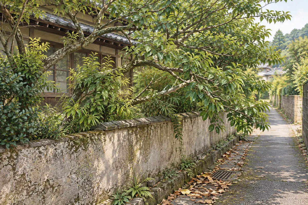 空き家の敷地から通路へ伸びた枝