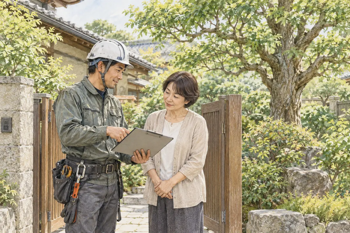 庭木の作業見積もりを相談する所有者と専門業者