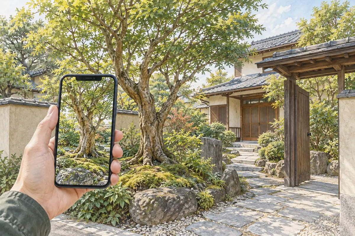 見積もり用に庭木をスマートフォンで撮影する様子
