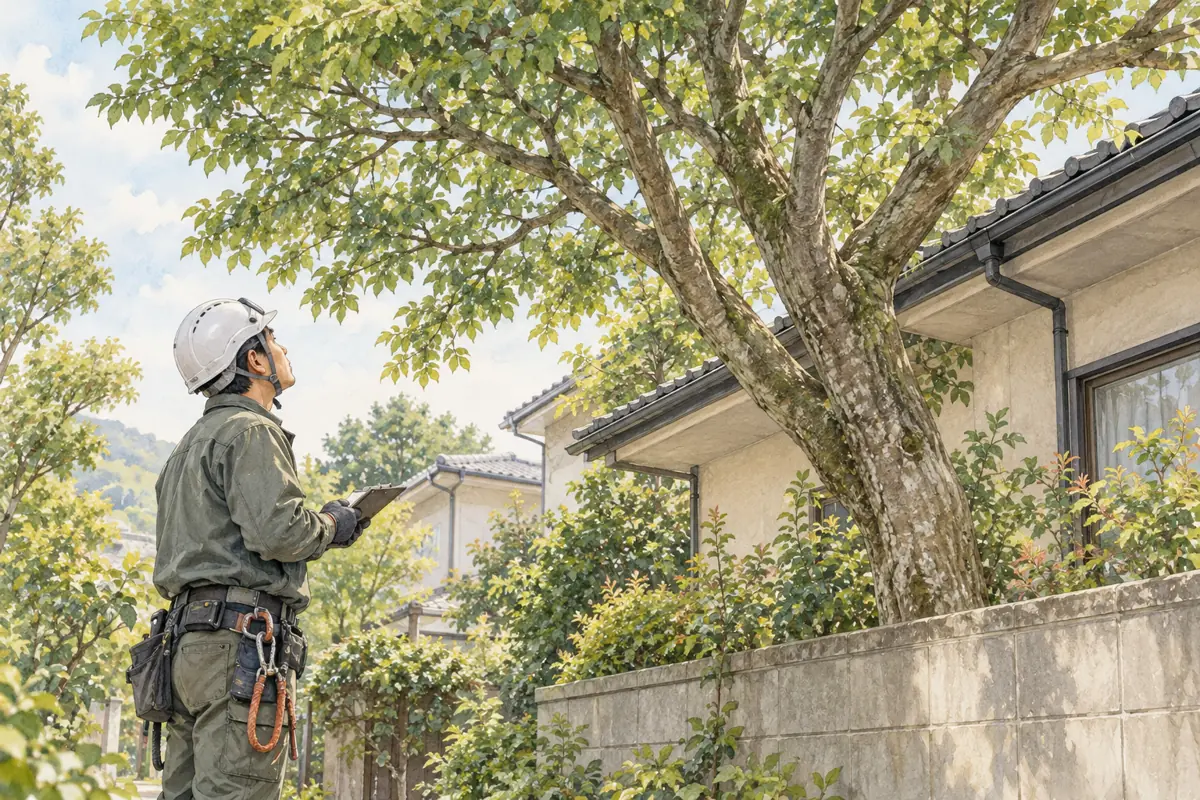 建物に近い庭木の作業条件を確認する専門業者